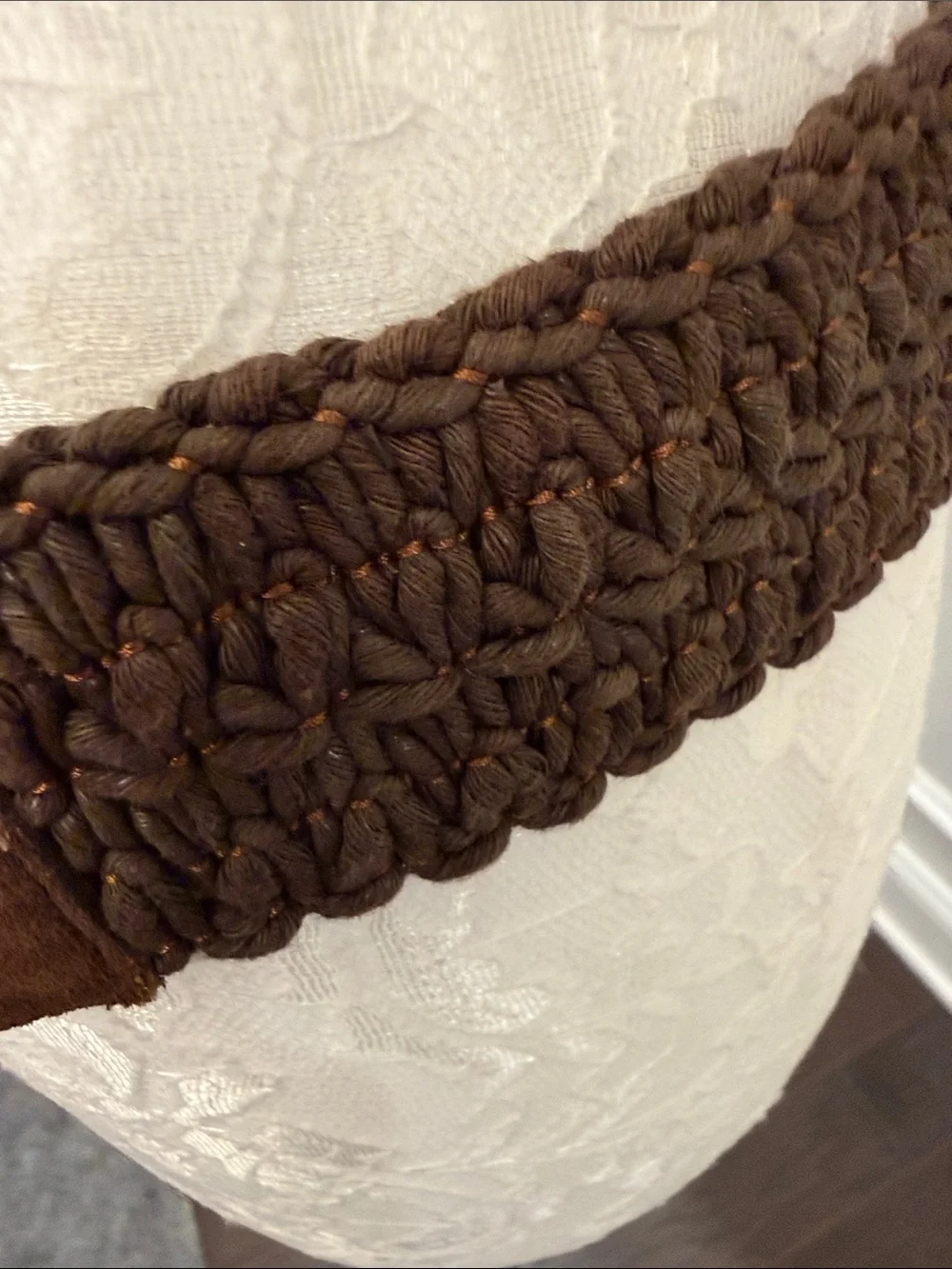 Vintage Boho Brown Genuine Leather Woven Cinch Belt with Suede Tassel Ties